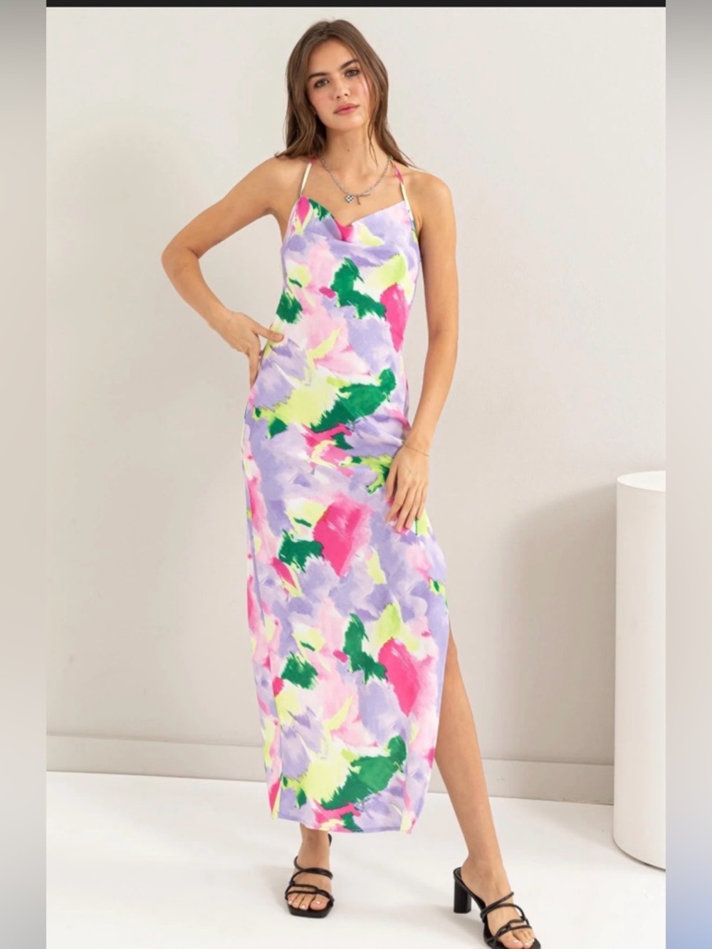 Hyfve Watercolor Halter Maxi Dress Open Back Slit Size M Event Resortwear
